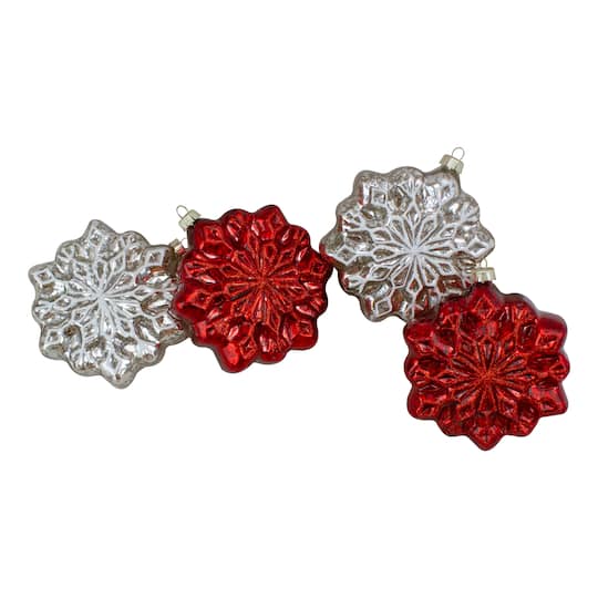 4ct. Red & Silver Glass Snowflake Hanging Christmas Decorations By Northlight | 3.75" | Michaels®